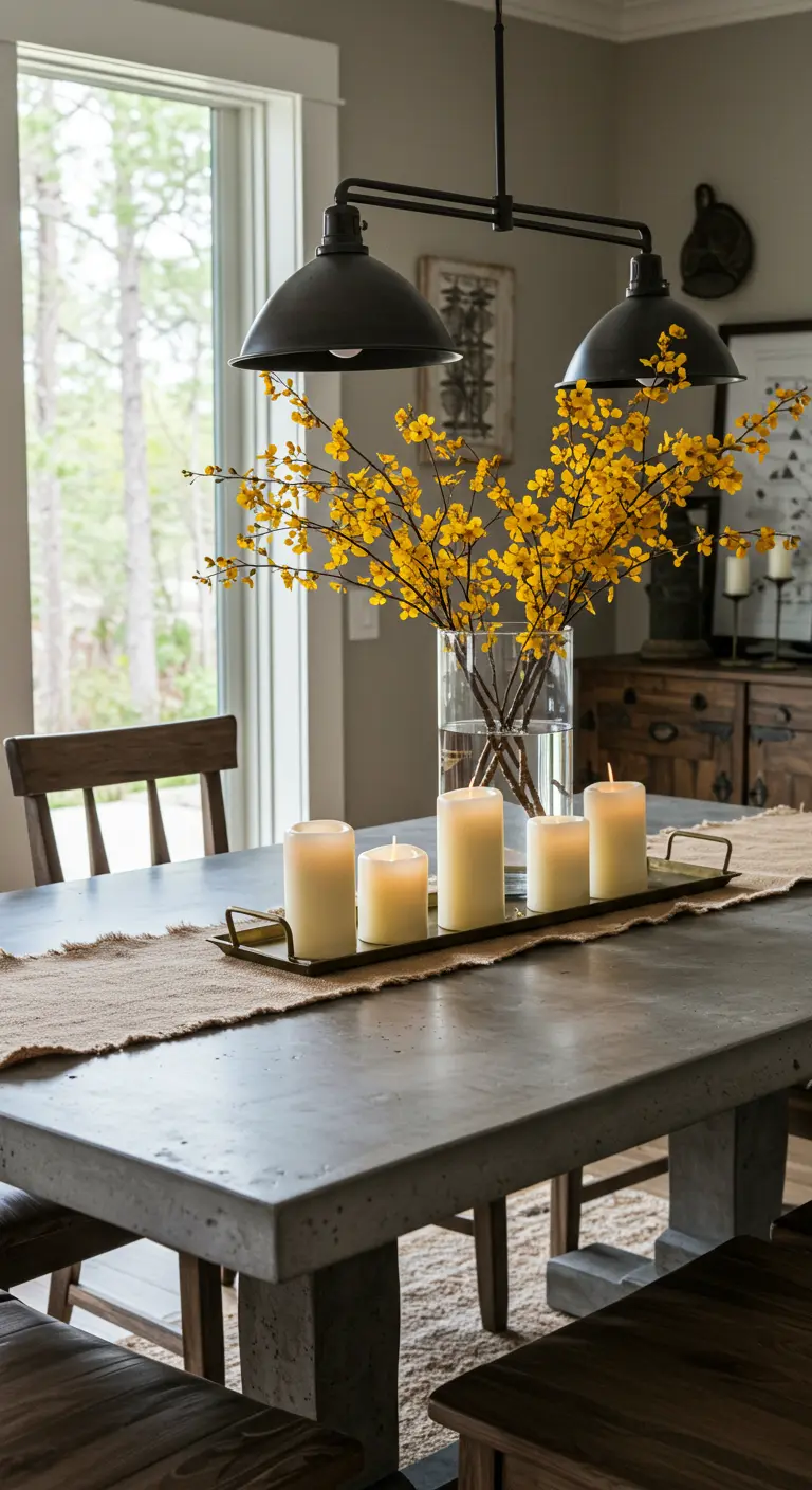 Table en béton avec un vase de fleurs jaunes et des bougies blanches sur un plateau.