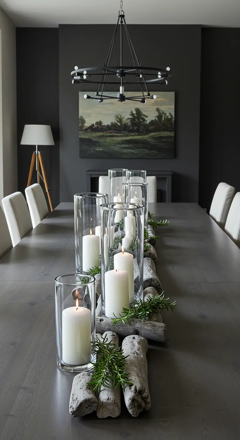 Centre de table moderne avec bois flotté blanchi, bougies dans des vases et romarin.