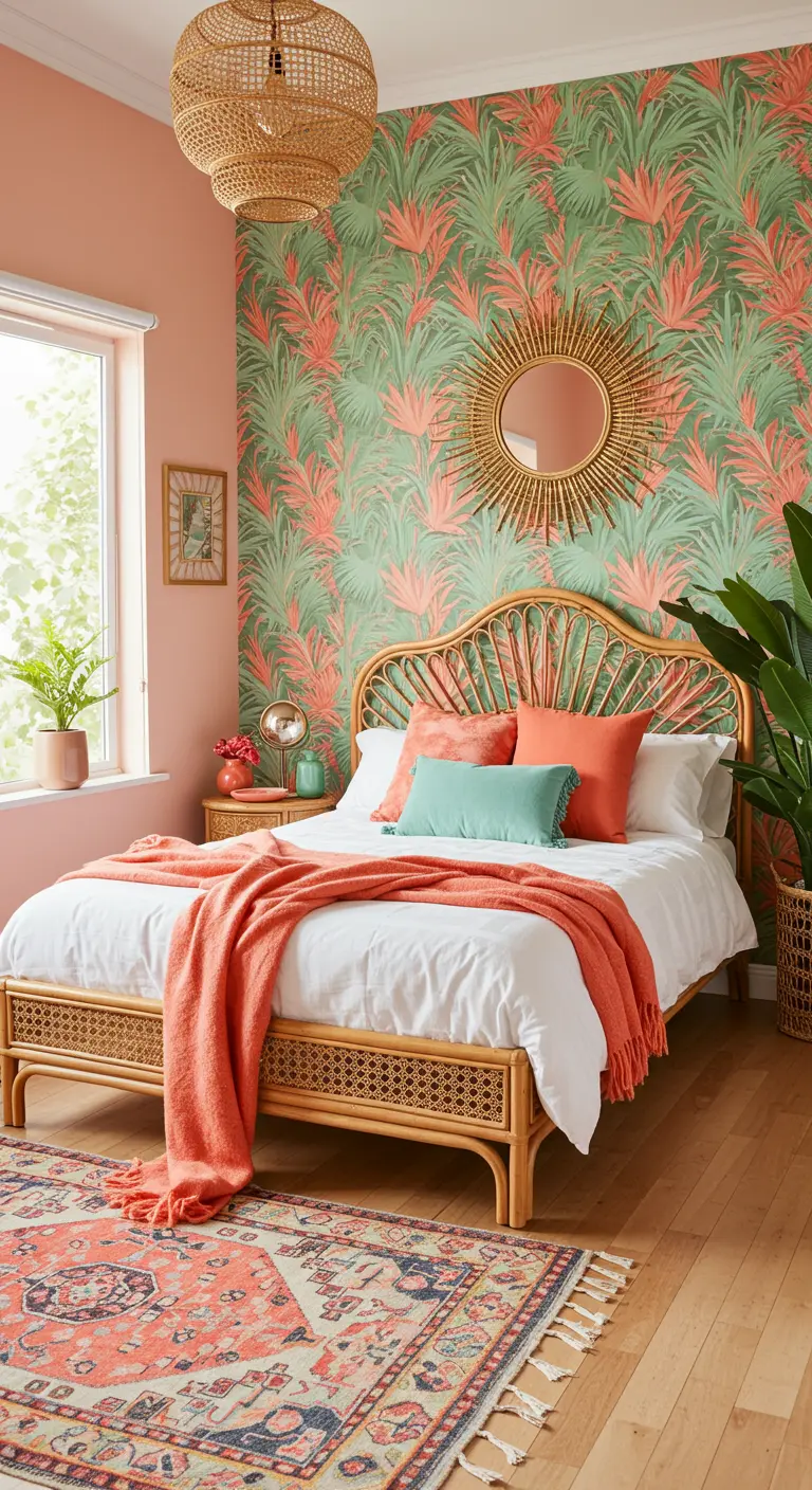Chambre bohème avec papier peint tropical vert et corail, et un lit en rotin.
