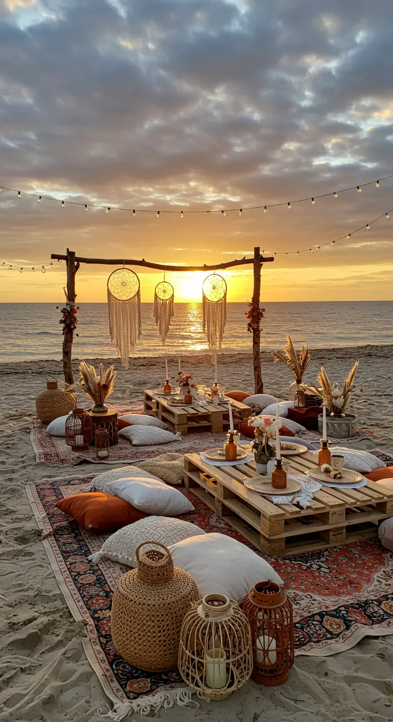 Pique-nique bohème sur la plage avec des tables basses en palettes, des tapis et des coussins.