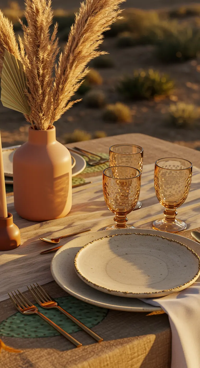 Table bohème avec assiettes en grès et herbe de la pampa au soleil couchant.