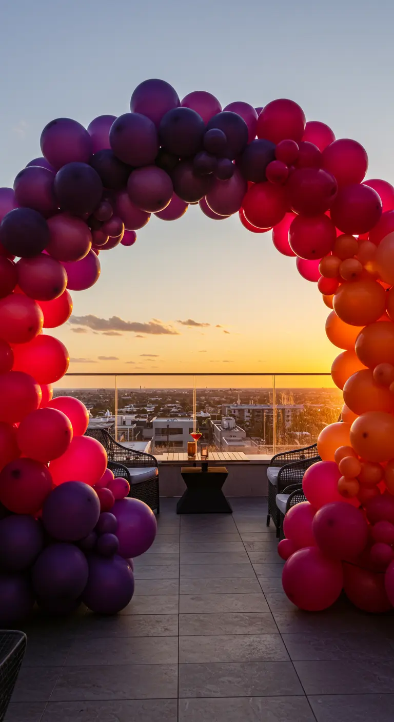 Arche de ballons en dégradé du violet au orange, cadrant un coucher de soleil sur un rooftop.