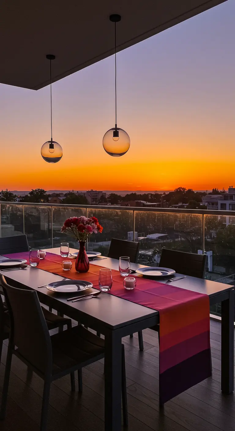 Table de balcon minimaliste avec un chemin de table coloré, face à un coucher de soleil spectaculaire