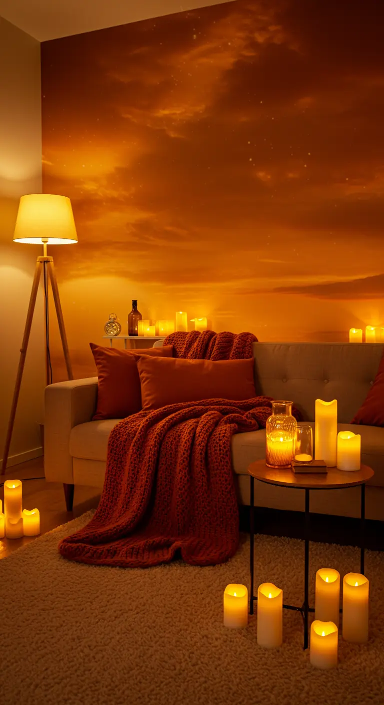Pièce à l'ambiance orangée avec un canapé et de nombreuses bougies LED au sol.