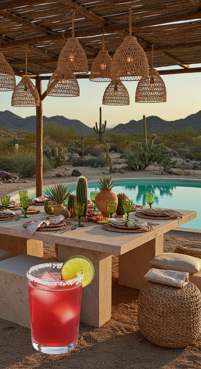 Table en pierre dans un décor désertique avec des suspensions en rotin.