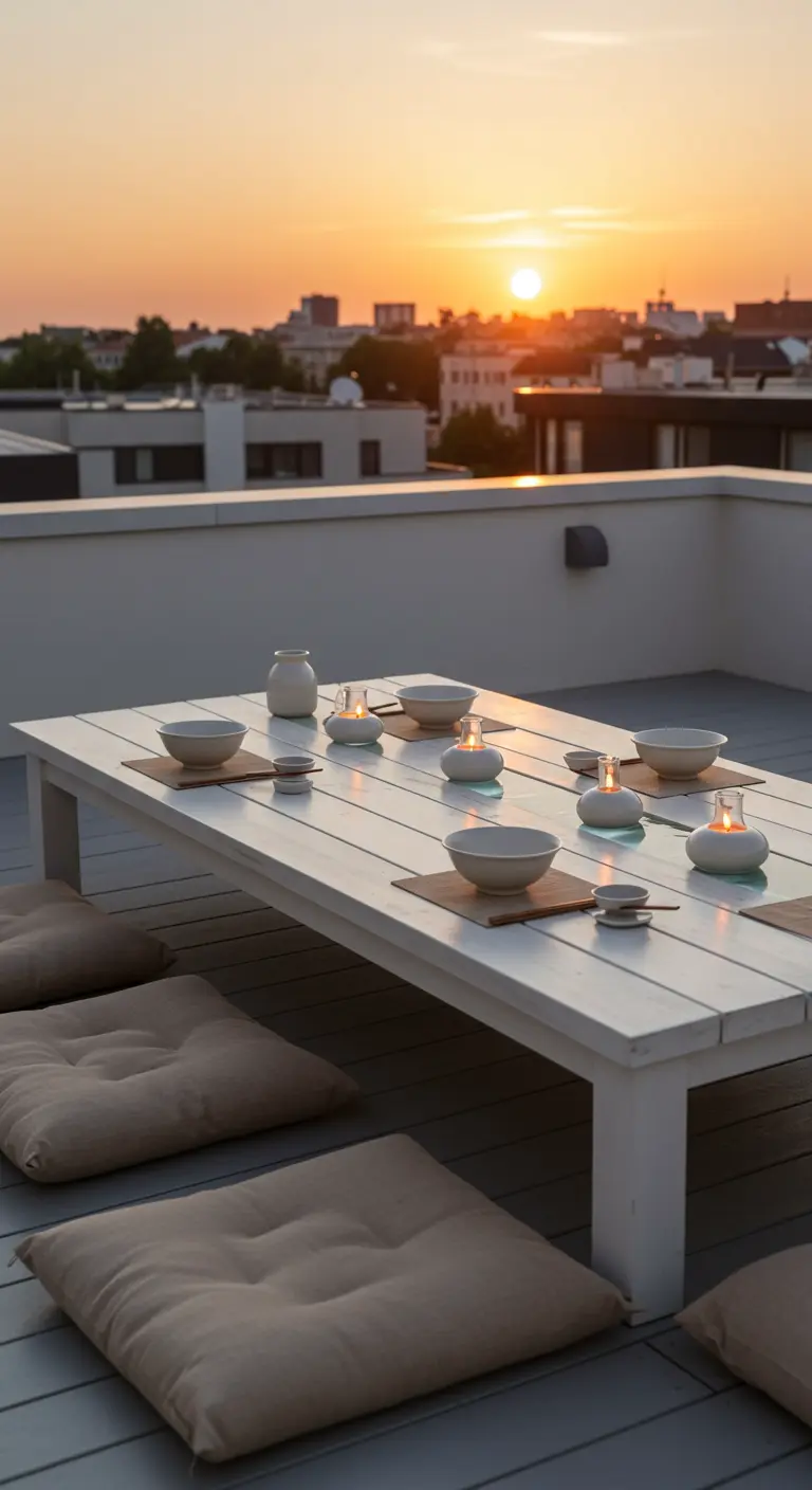 Table basse dressée sur un toit-terrasse au coucher du soleil, avec des coussins de sol.