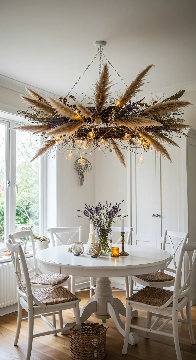 Un lustre circulaire fait de pampa et de fleurs séchées, illuminé de petites lumières.