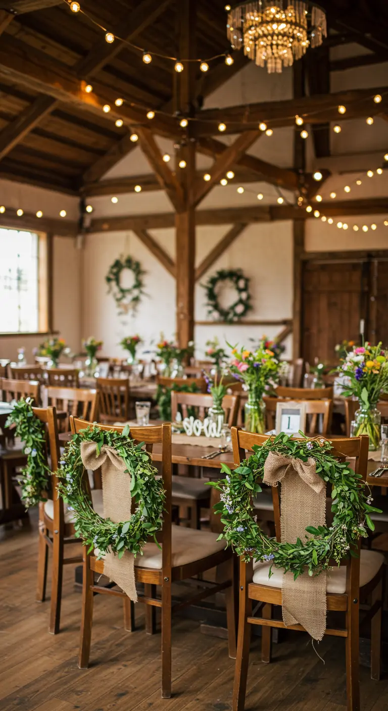 Chaises en bois avec couronnes de verdure et nœuds en toile de jute.