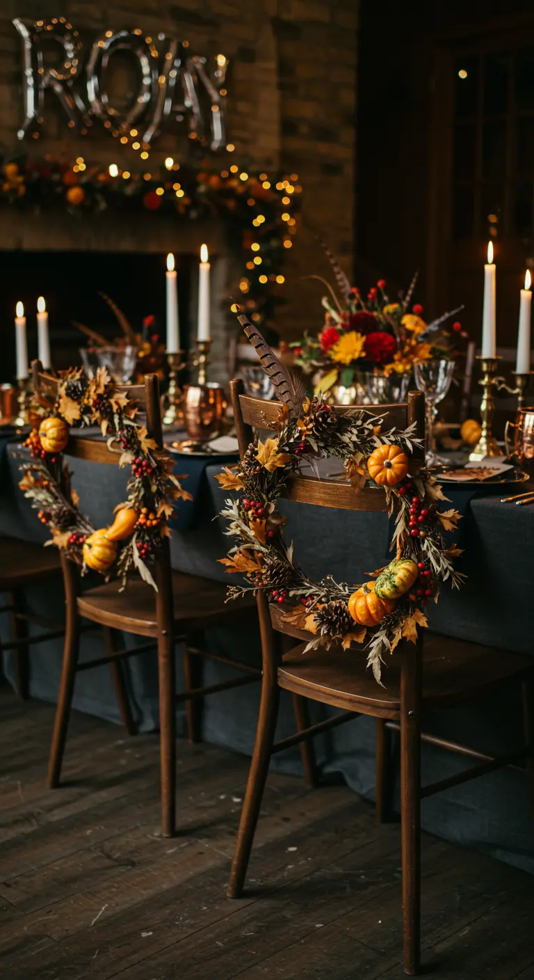 Chaises en bois avec des couronnes de feuilles d'automne et de mini citrouilles.