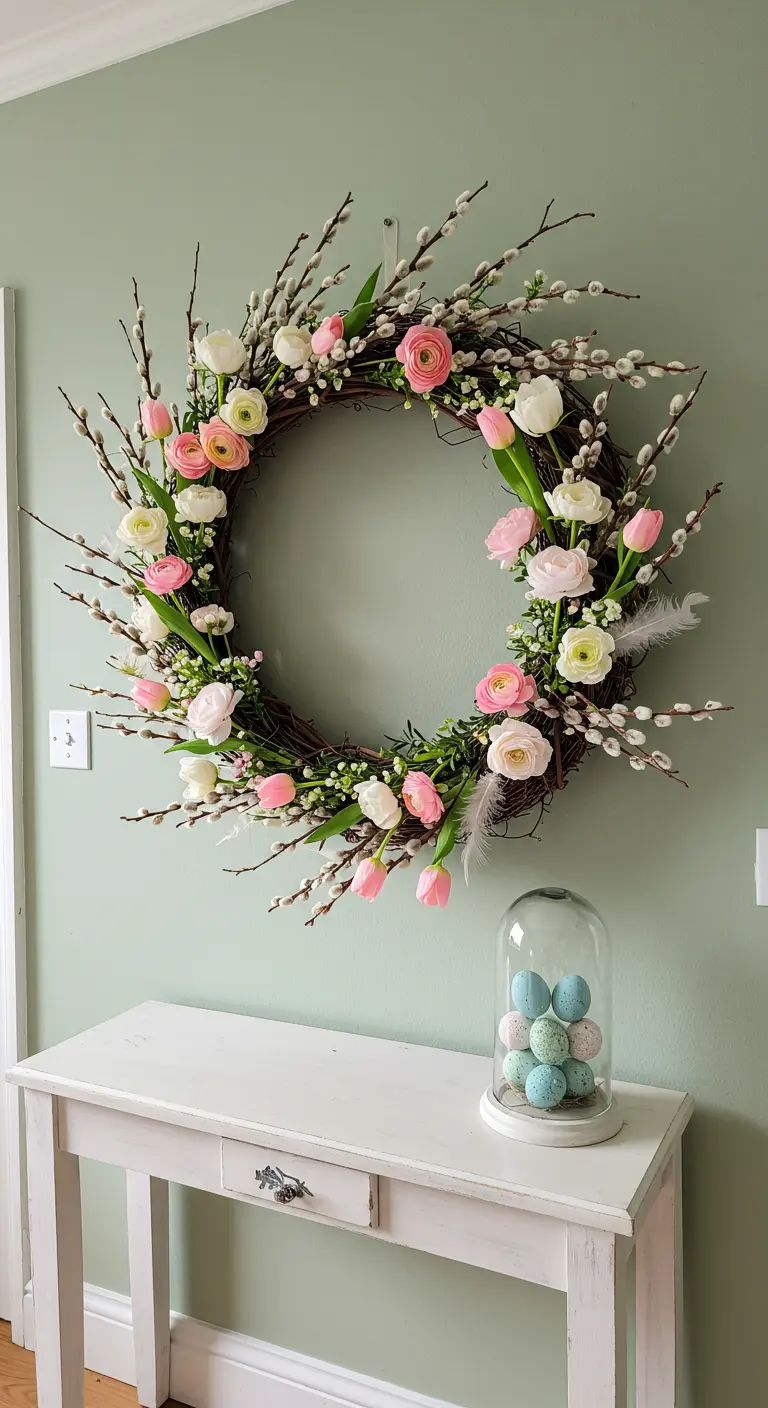 Couronne de Pâques avec tulipes roses et renoncules sur un mur vert sauge.