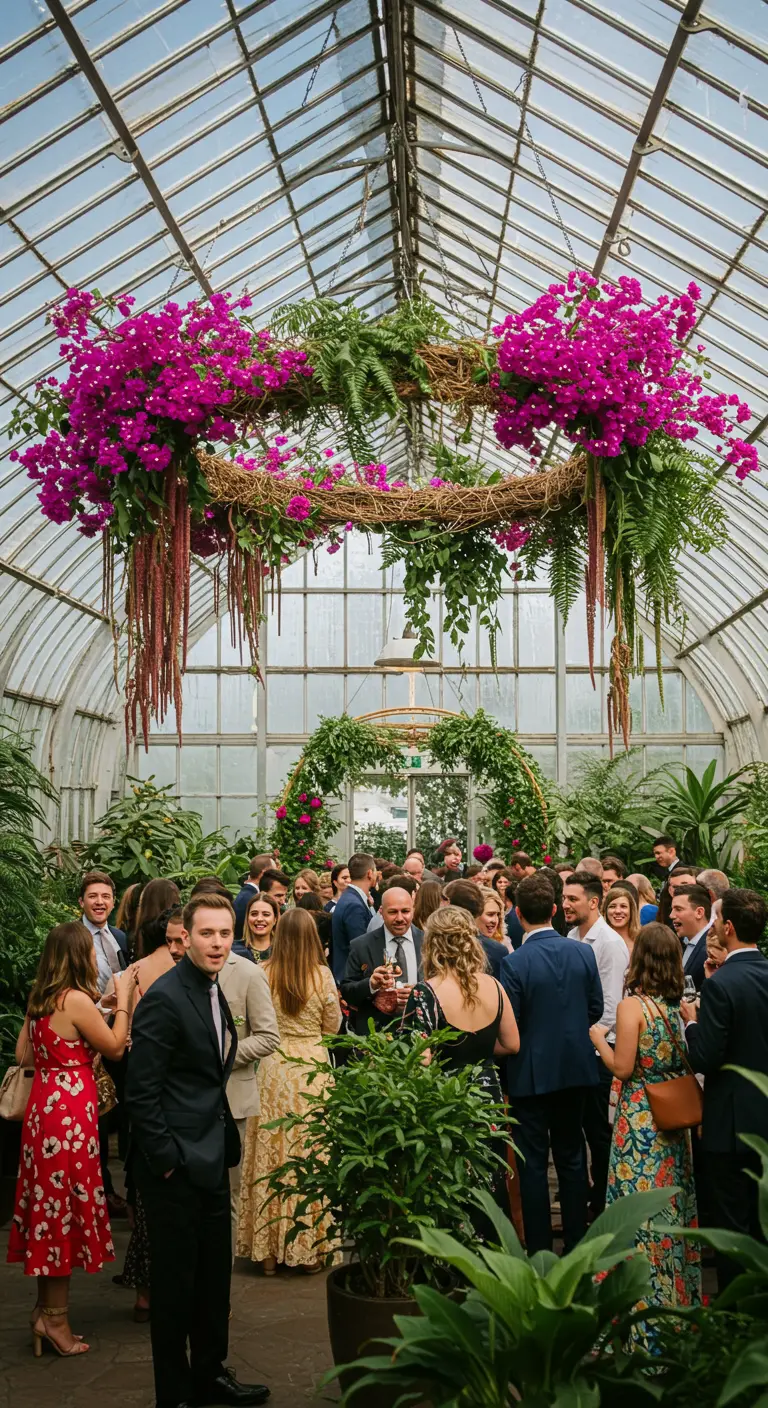 Grande couronne florale de bougainvilliers suspendue dans une serre.