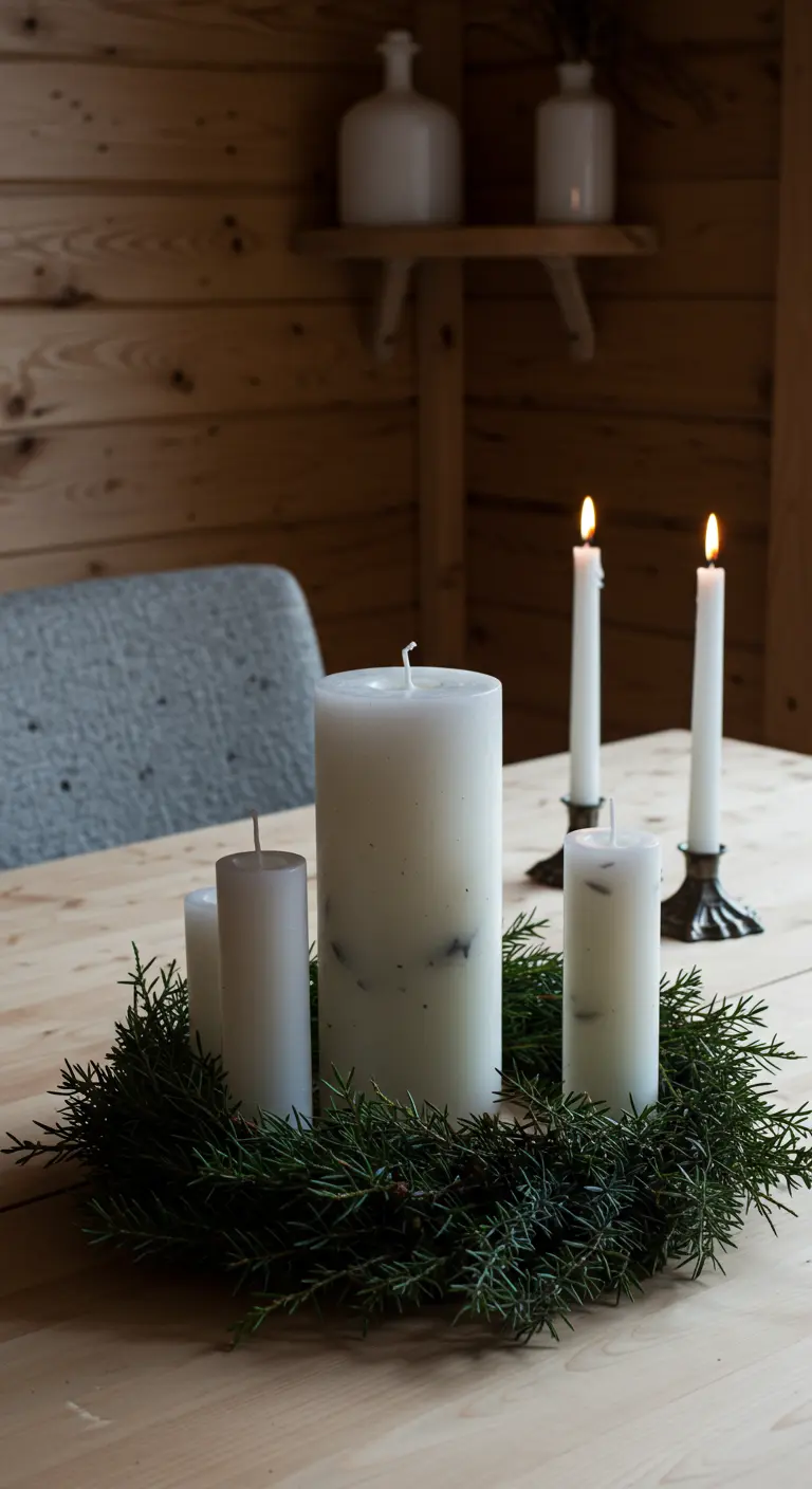 Couronne de sapin avec un groupe de bougies blanches de différentes tailles au centre.