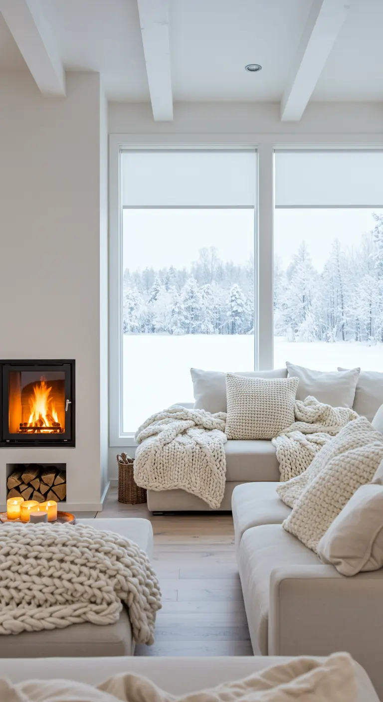 Salon blanc cosy avec cheminée et vue sur un paysage enneigé