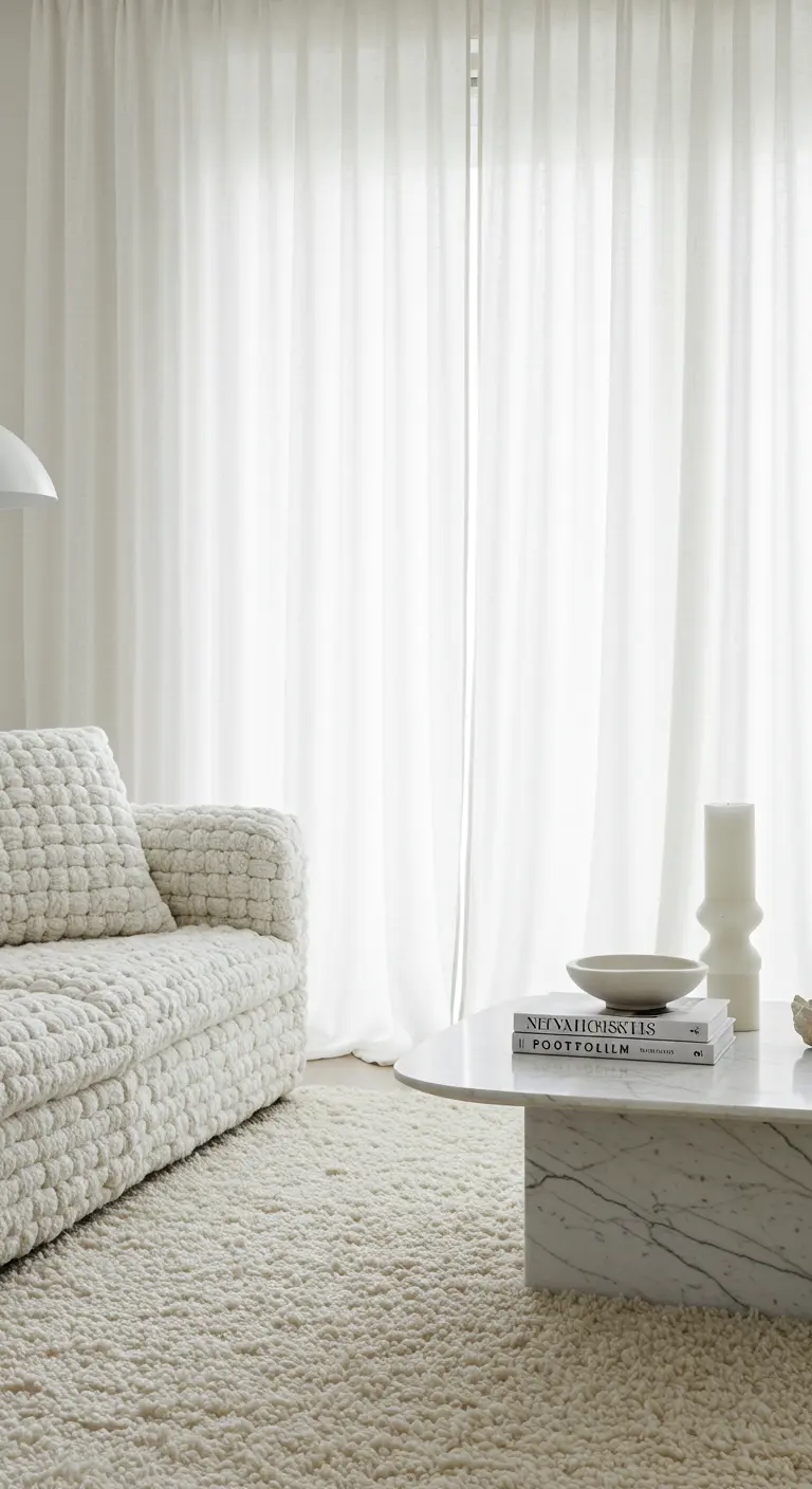 Salon monochrome blanc avec canapé bouclé et tapis à poils longs