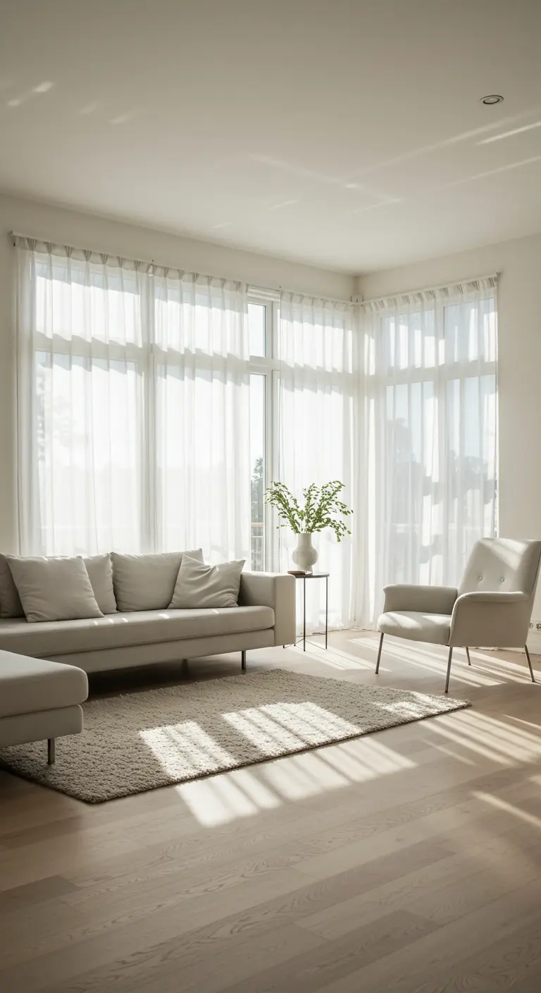 Salon lumineux avec canapé gris clair et de grands rideaux blancs