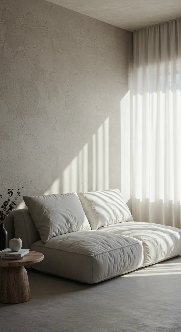 Canapé bas et épuré dans un coin de salon minimaliste