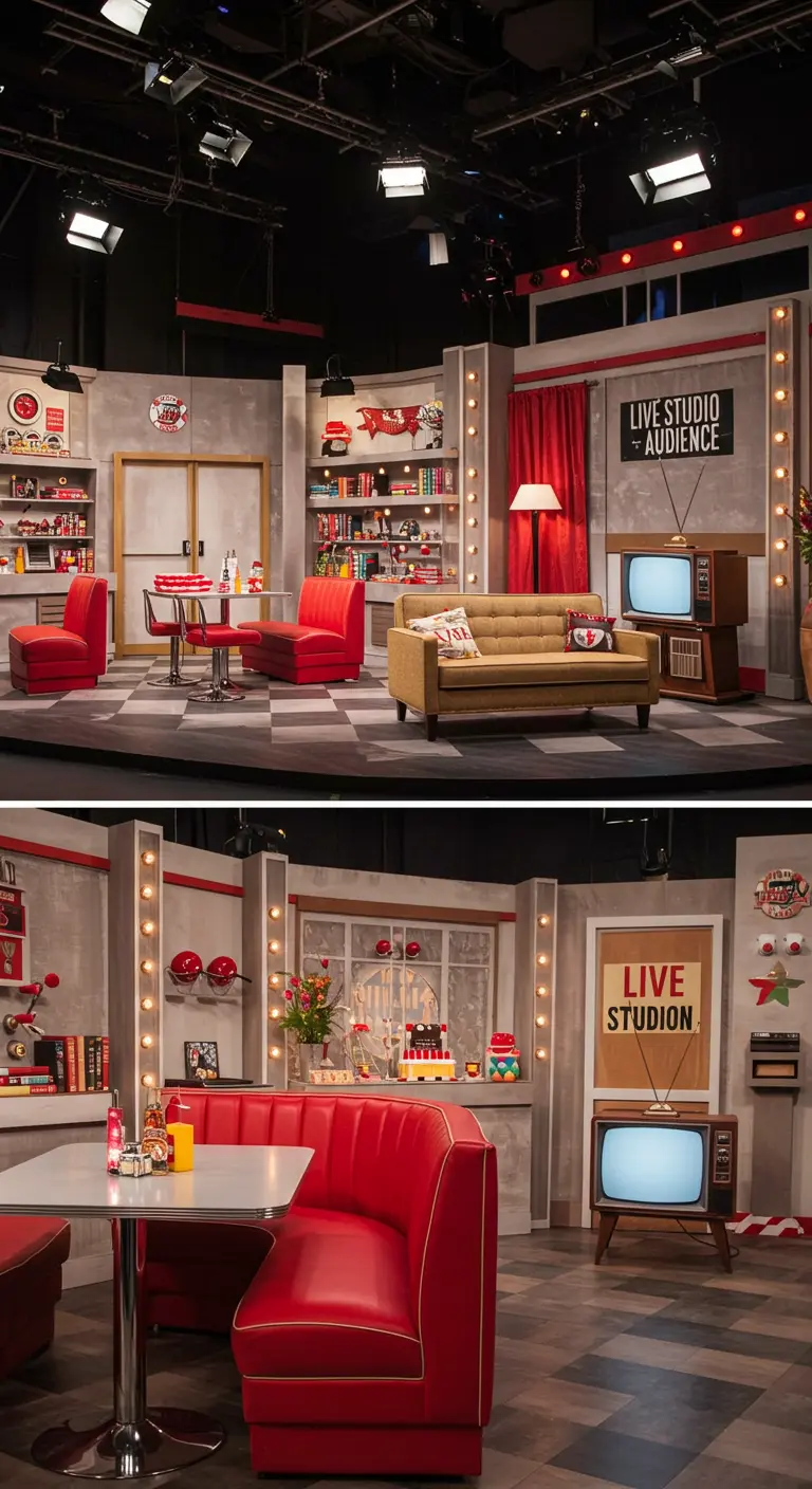 Décor de studio télévisé recréant un salon et une cuisine des années 50.