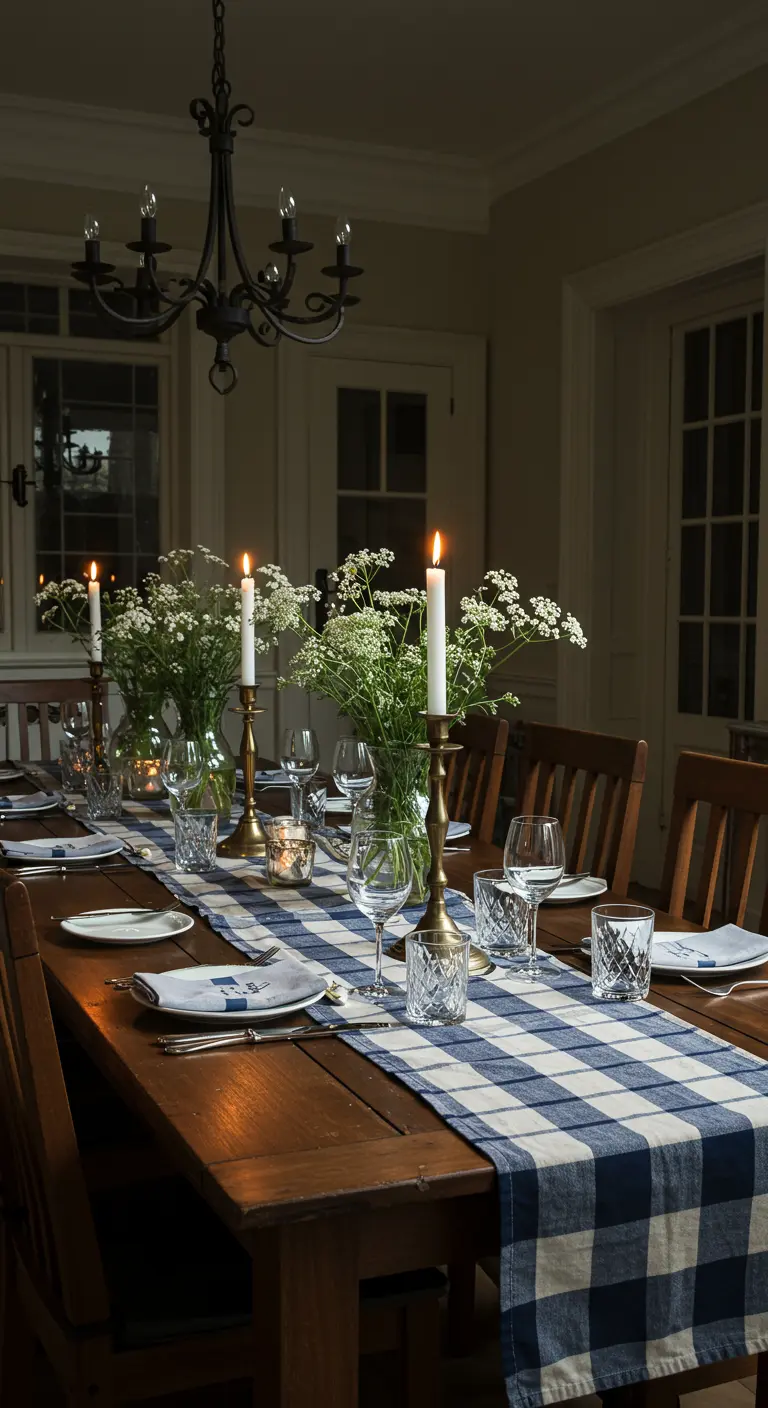 Table en bois avec chemin de table à carreaux bleus et chandeliers en laiton.
