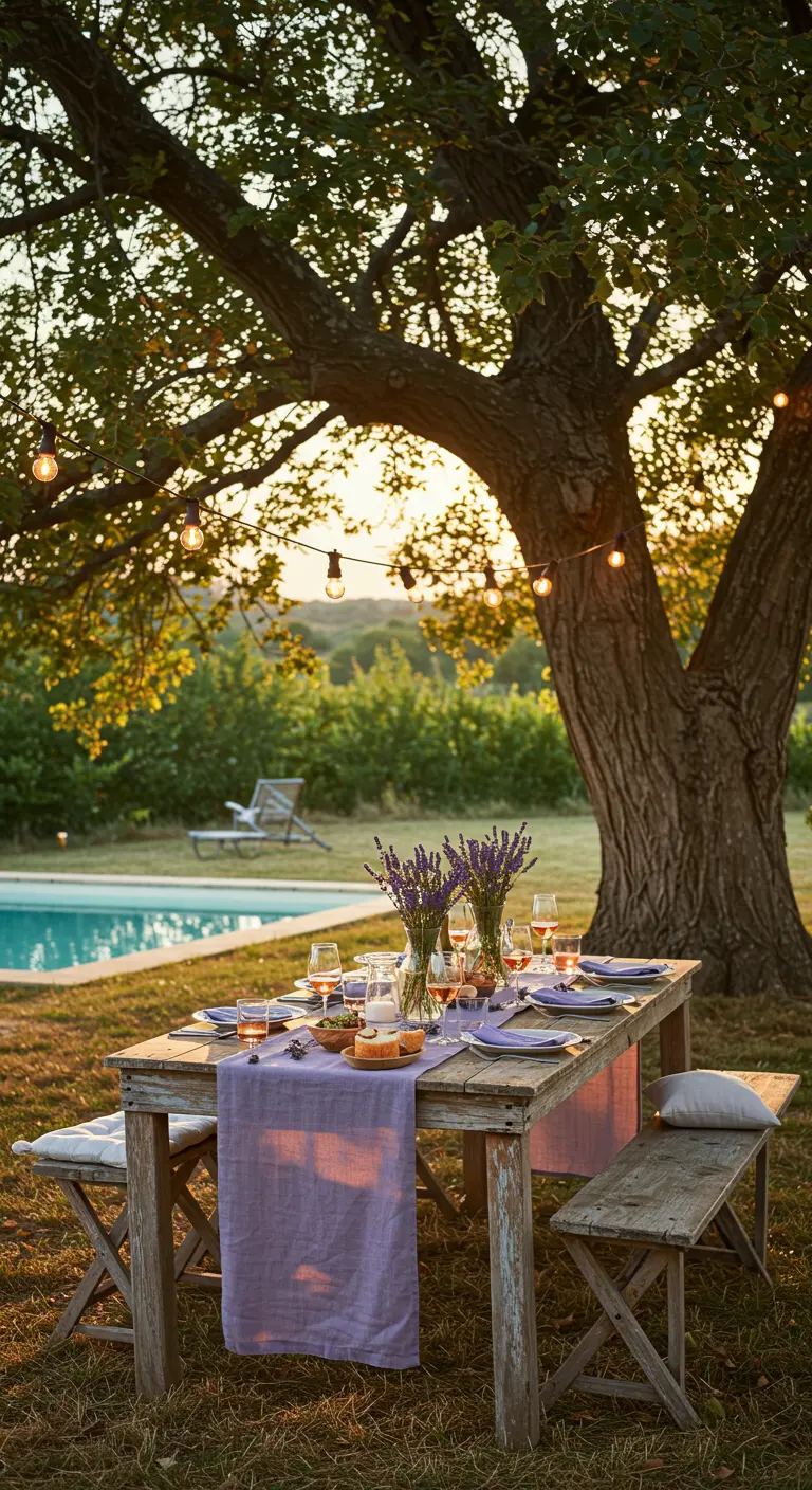 Table rustique sous un grand arbre au coucher du soleil, décorée de lavande.