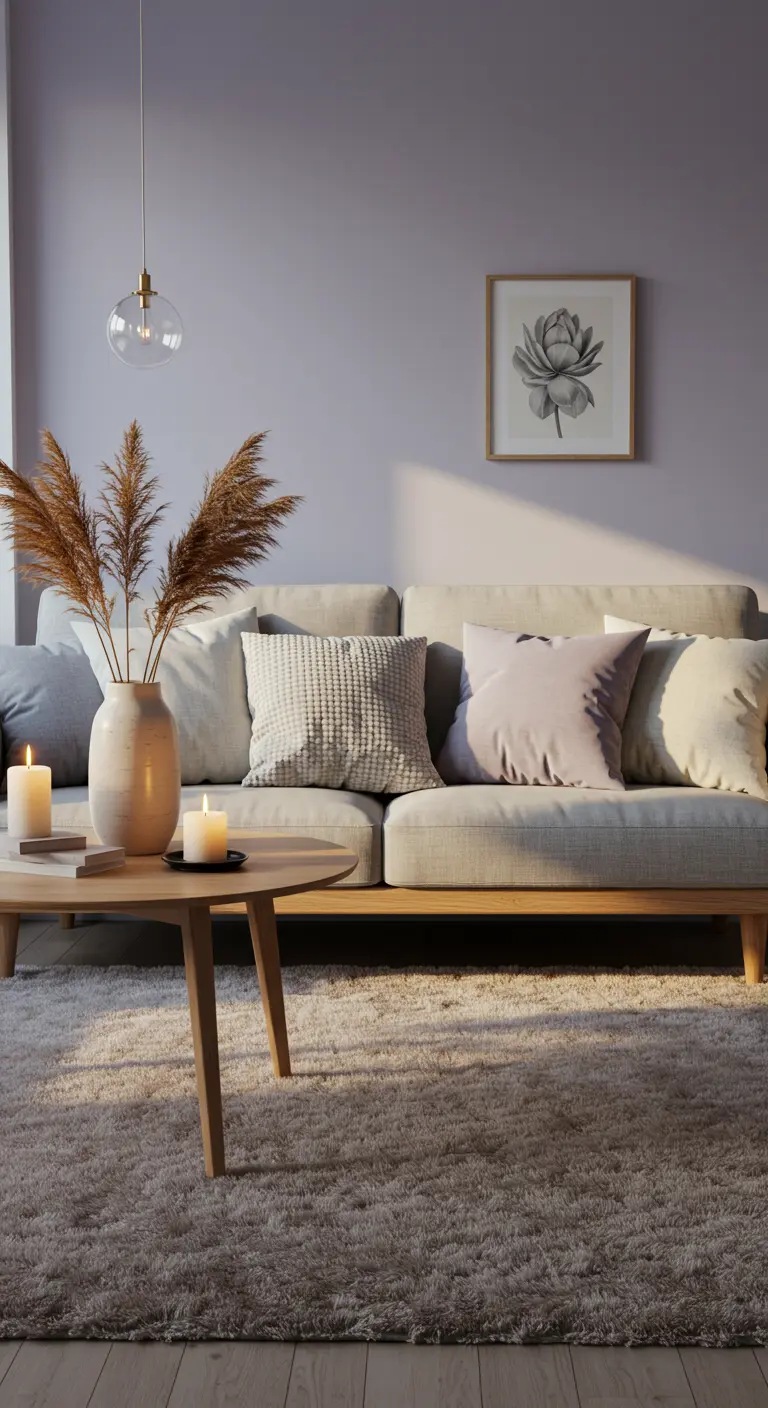Séjour scandinave avec un mur lavande, tapis épais et bougies allumées.