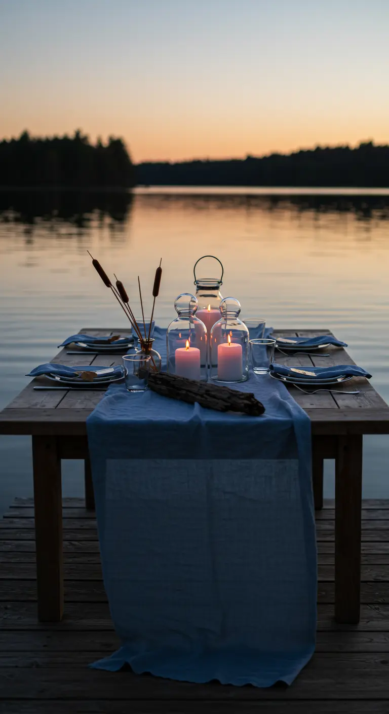 Table de dîner sur un ponton au bord d'un lac au crépuscule.