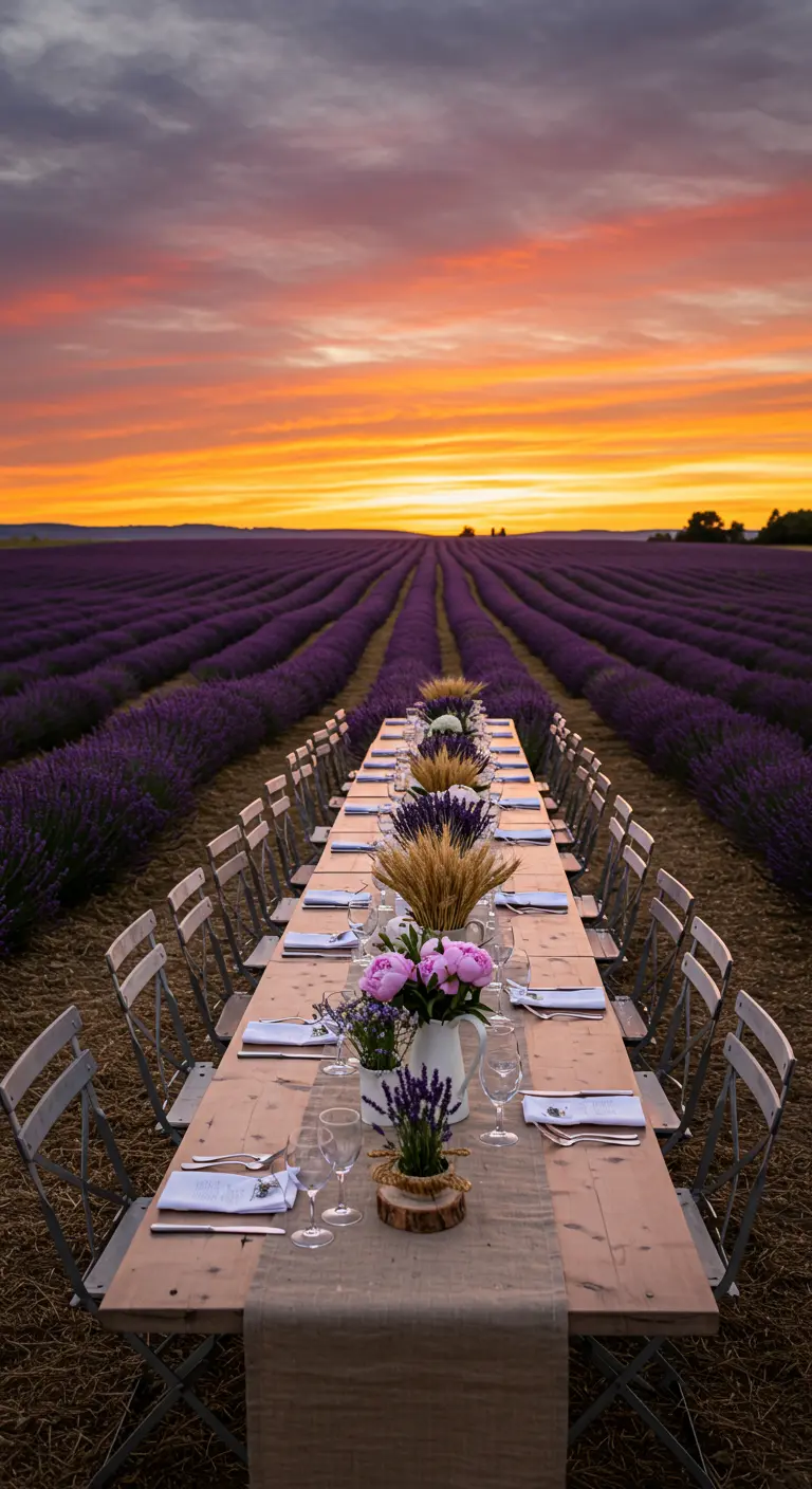 Table dressée pour un mariage dans un champ de lavande au coucher du soleil.
