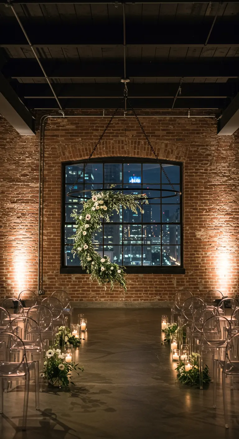 Composition florale en forme de croissant suspendue dans un loft industriel.