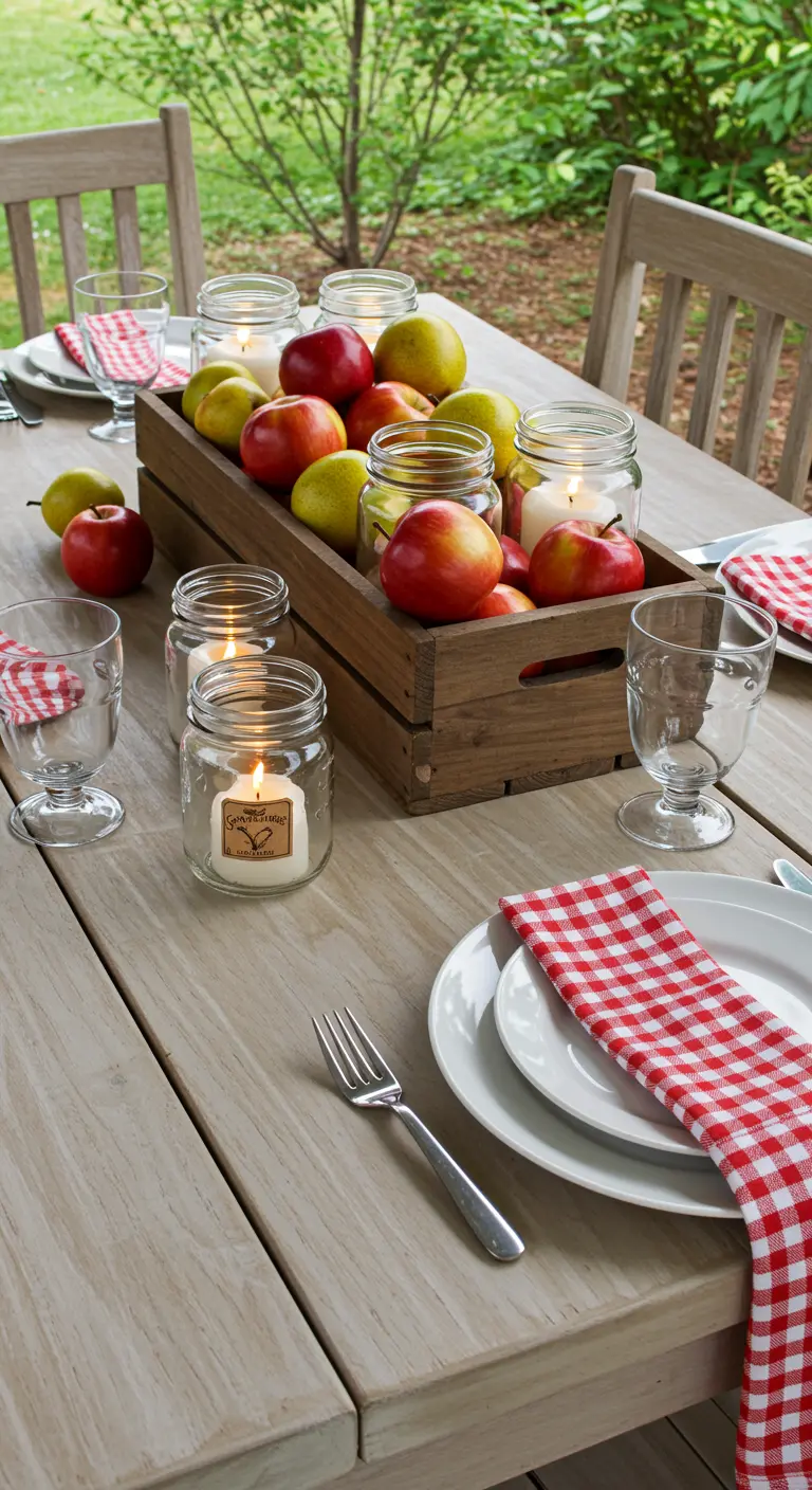 Caisse en bois remplie de pommes et de bougies en bocal sur une table.