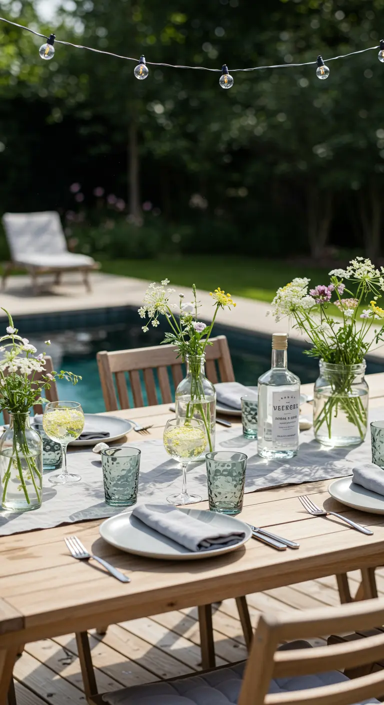 Table en bois décorée de petits bouquets de fleurs sauvages dans des vases.