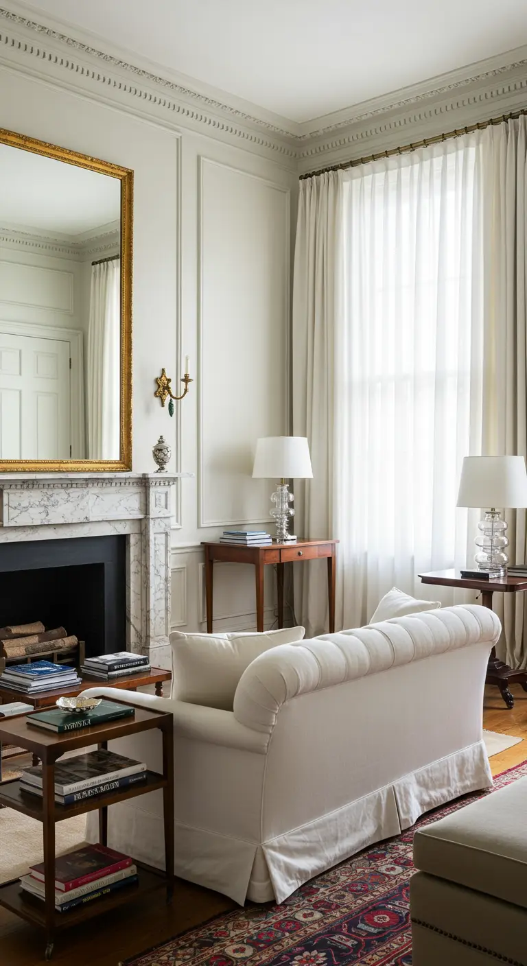 Salon classique avec canapé blanc, miroir doré et cheminée en marbre