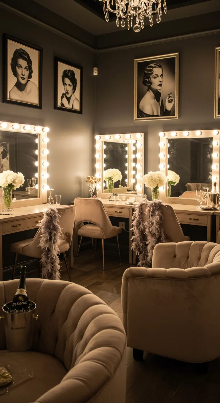 Loge d'actrice avec des miroirs de maquillage lumineux et des fauteuils en velours.