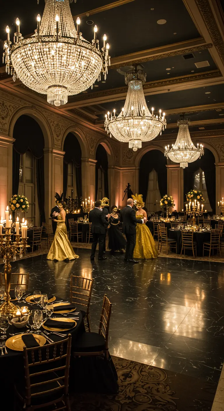 Salle de bal opulente avec lustres en cristal et invités masqués dansant.