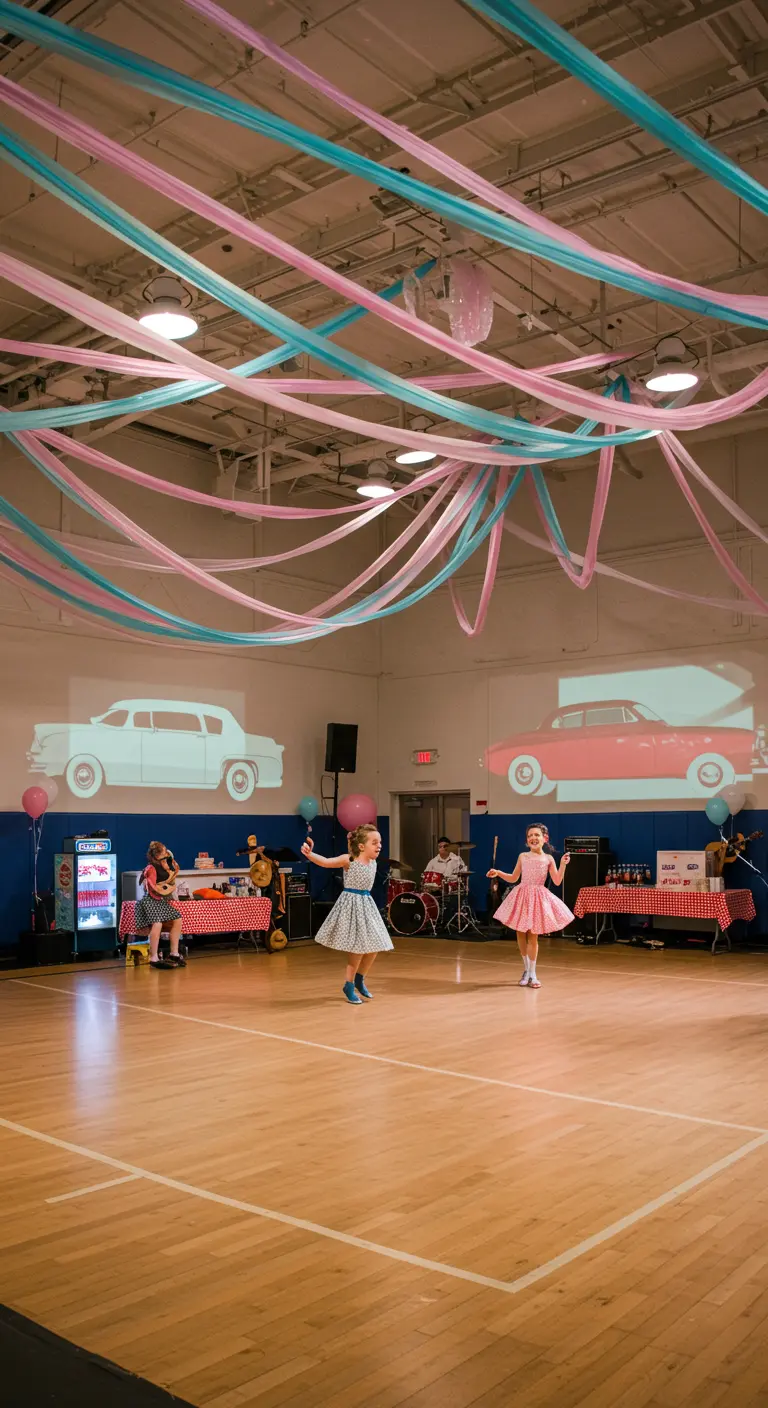 Salle de bal décorée avec des rubans roses et bleus tendus au plafond.
