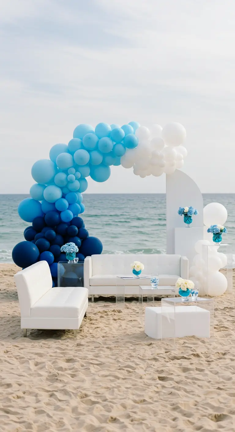 Arche de ballons en dégradé de bleus et de blanc, créant un coin salon sur la plage.