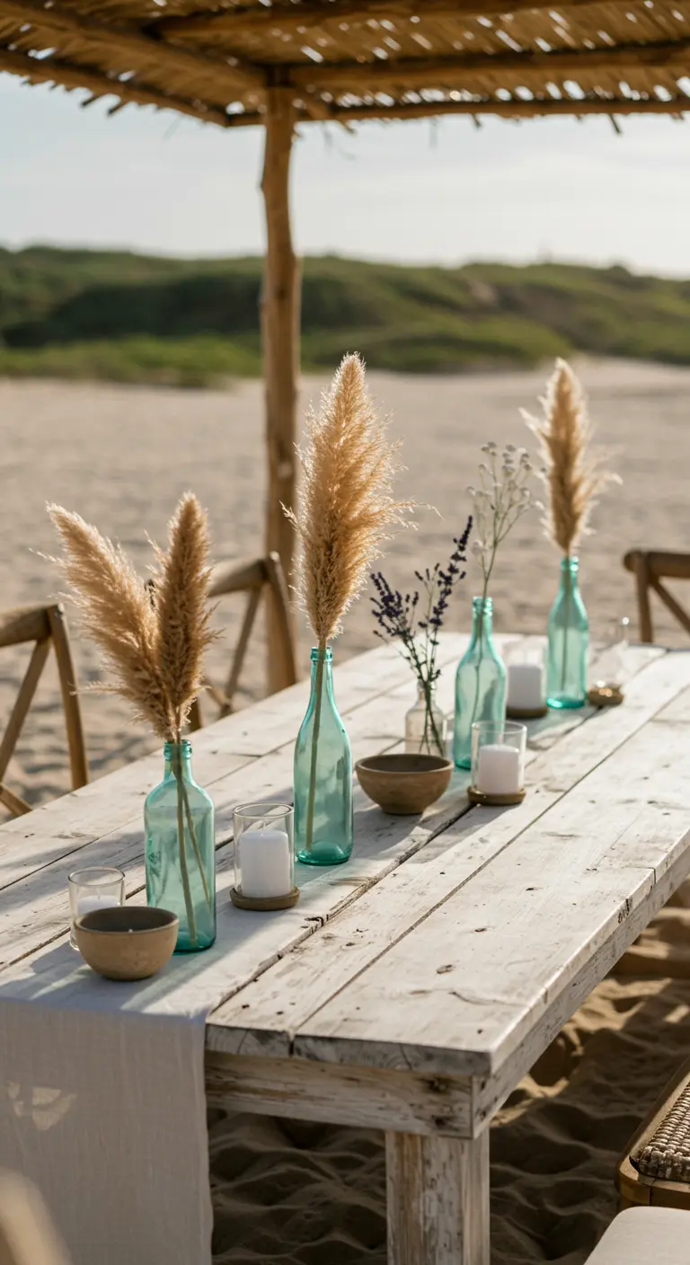 Herbe de la pampa dans des bouteilles en verre vert d'eau sur une table en bois sur la plage.
