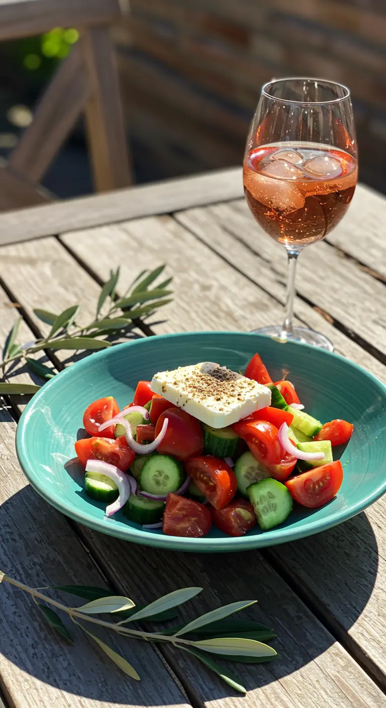 Salade grecque dans une assiette turquoise avec un verre de rosé.