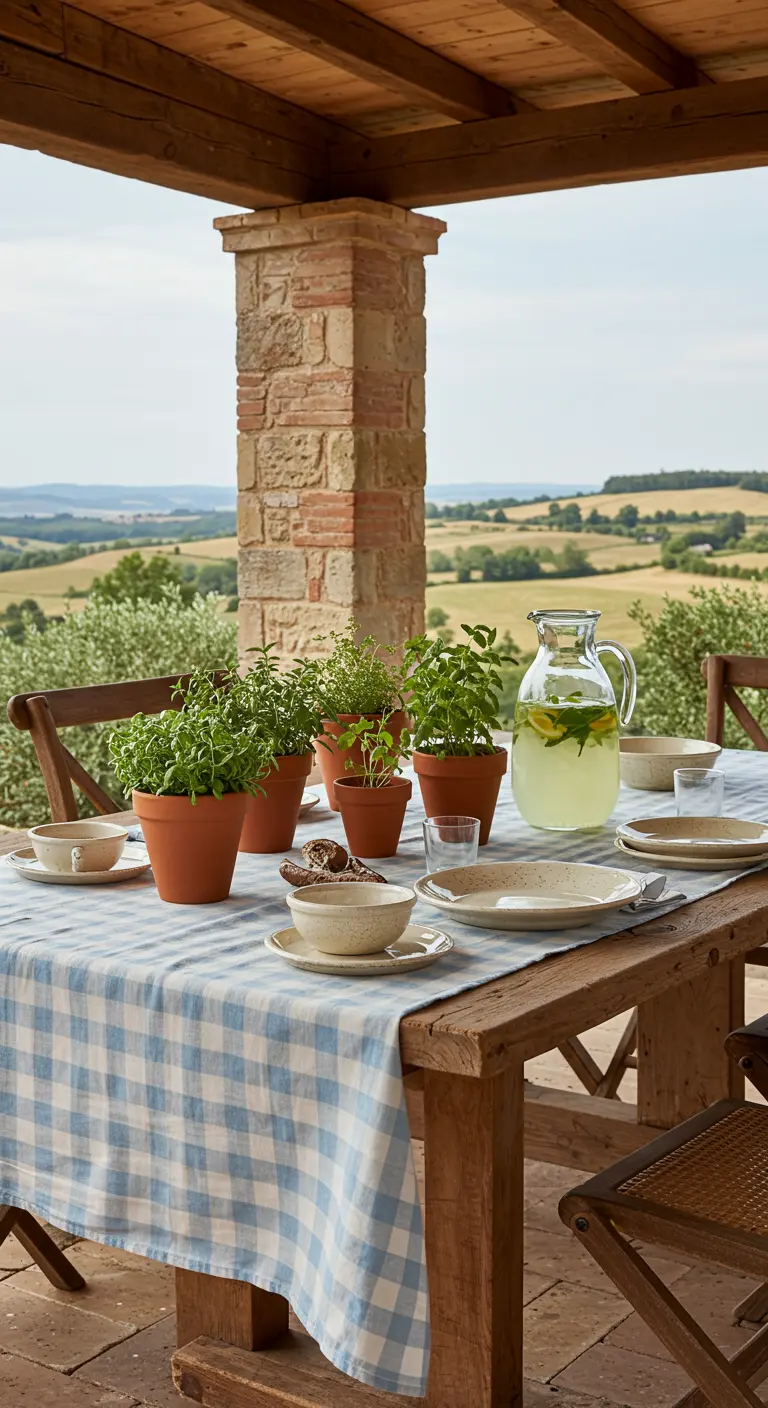 Table extérieure avec nappe à carreaux bleus et pots d'herbes aromatiques.