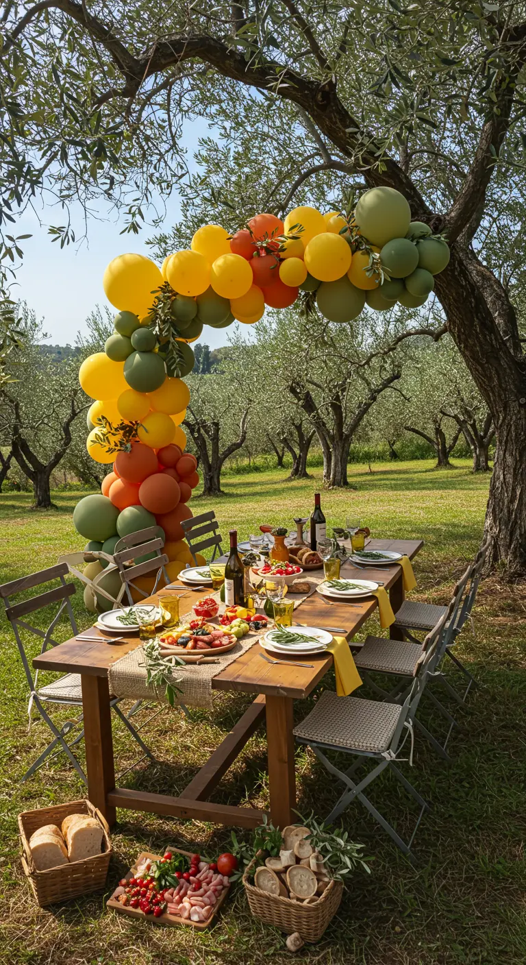 Guirlande de ballons jaunes, verts et oranges suspendue au-dessus d'une table dans une oliveraie.