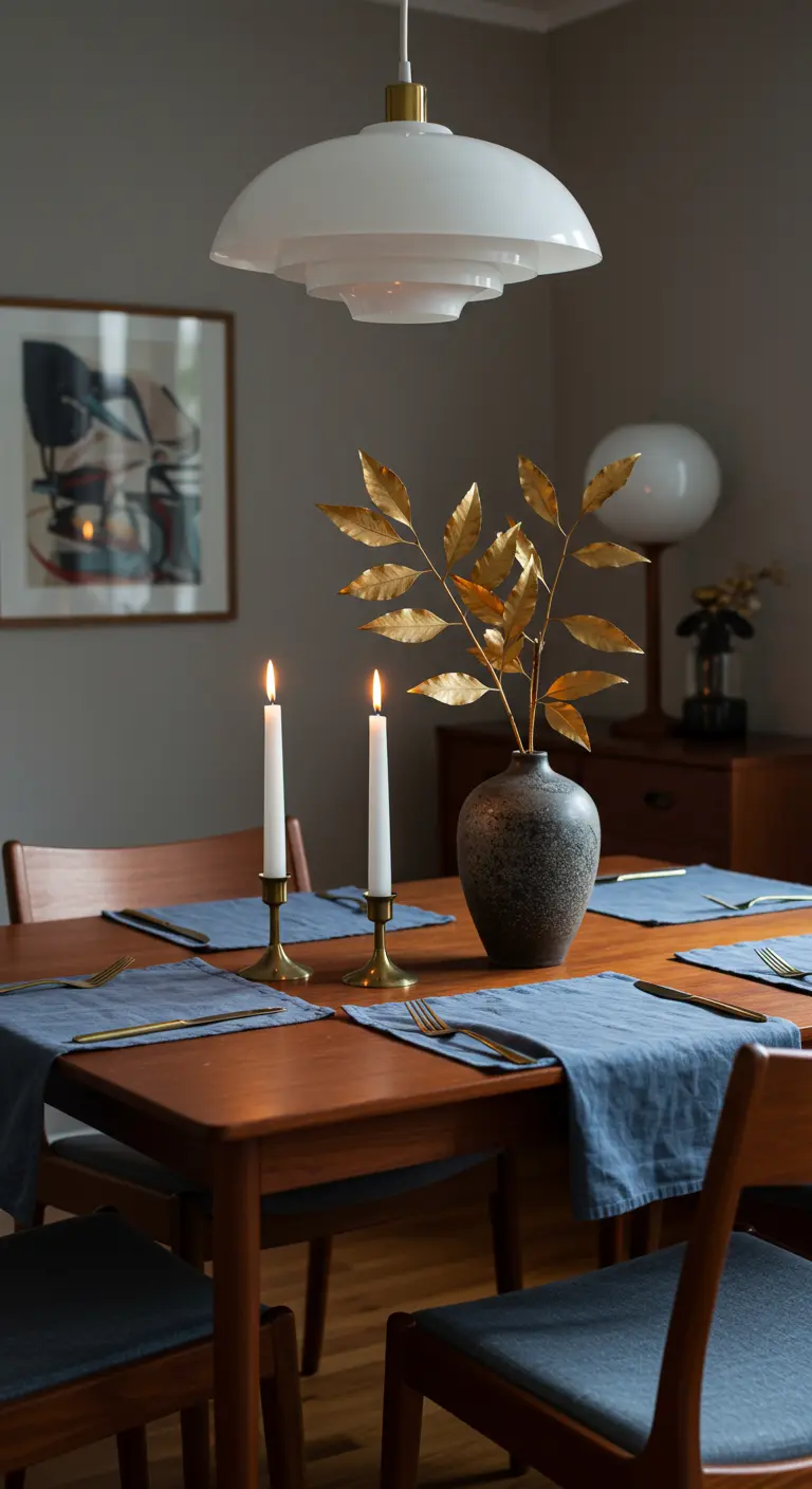 Table de style Mid-century avec un vase de feuilles dorées et des bougeoirs en laiton.