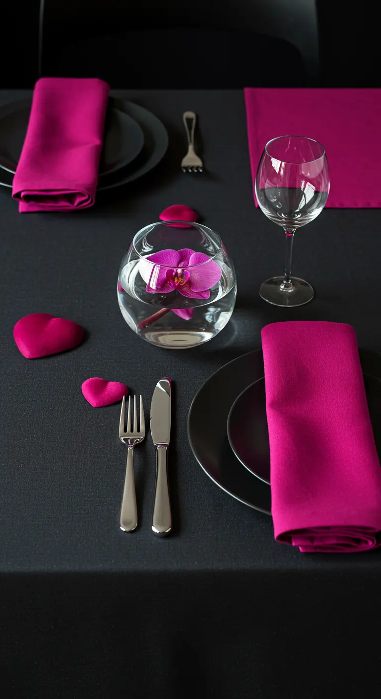 Table noire avec des serviettes magenta et une orchidée flottant dans un bol.