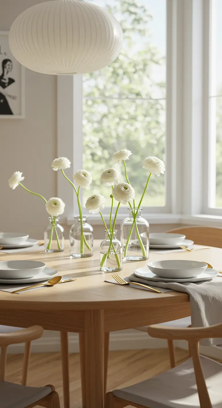 Table minimaliste avec plusieurs petits vases contenant des renoncules blanches.