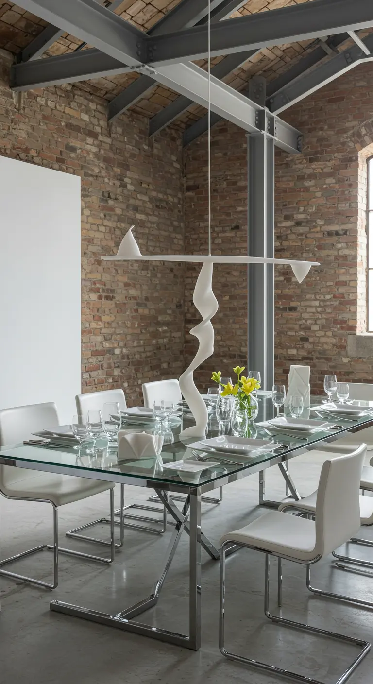 Table en verre dans un loft industriel, avec une grande sculpture blanche au centre.