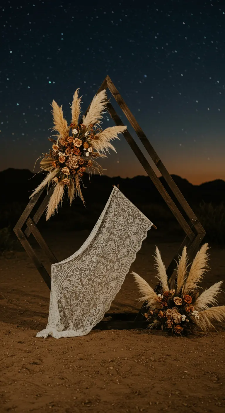 Arche en losange dans le désert la nuit, décorée de pampa.