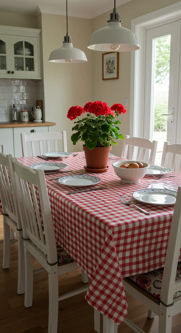 Table de cuisine simple avec une nappe vichy rouge et un pot de géraniums.