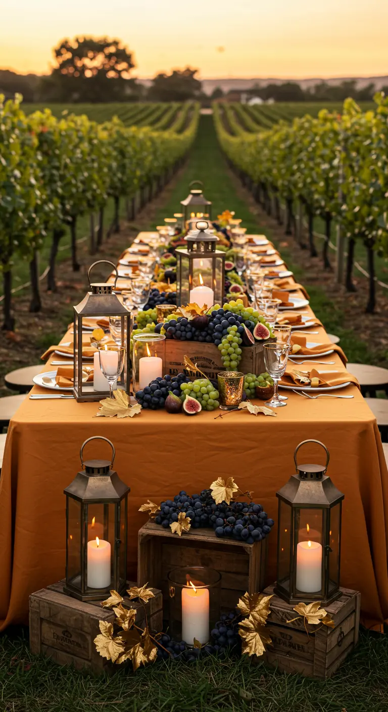 Longue table dans un vignoble avec des lanternes, des raisins et des figues.