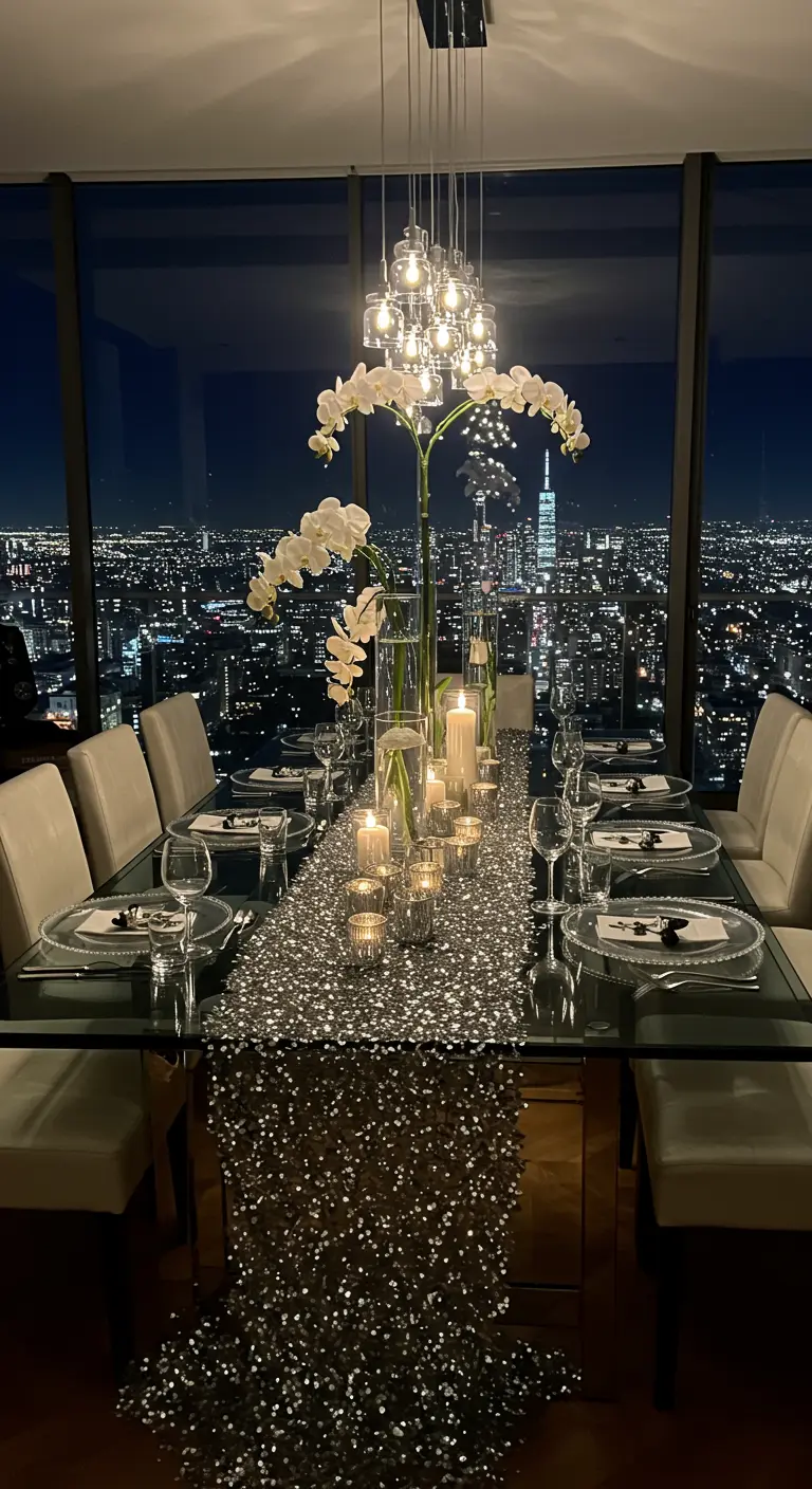 Table en verre avec chemin de table à sequins et orchidées, vue panoramique sur la ville de nuit.
