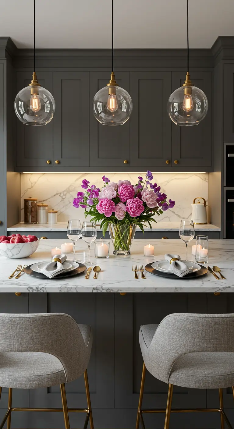 Un îlot de cuisine moderne dressé pour un dîner romantique avec un grand bouquet de fleurs.