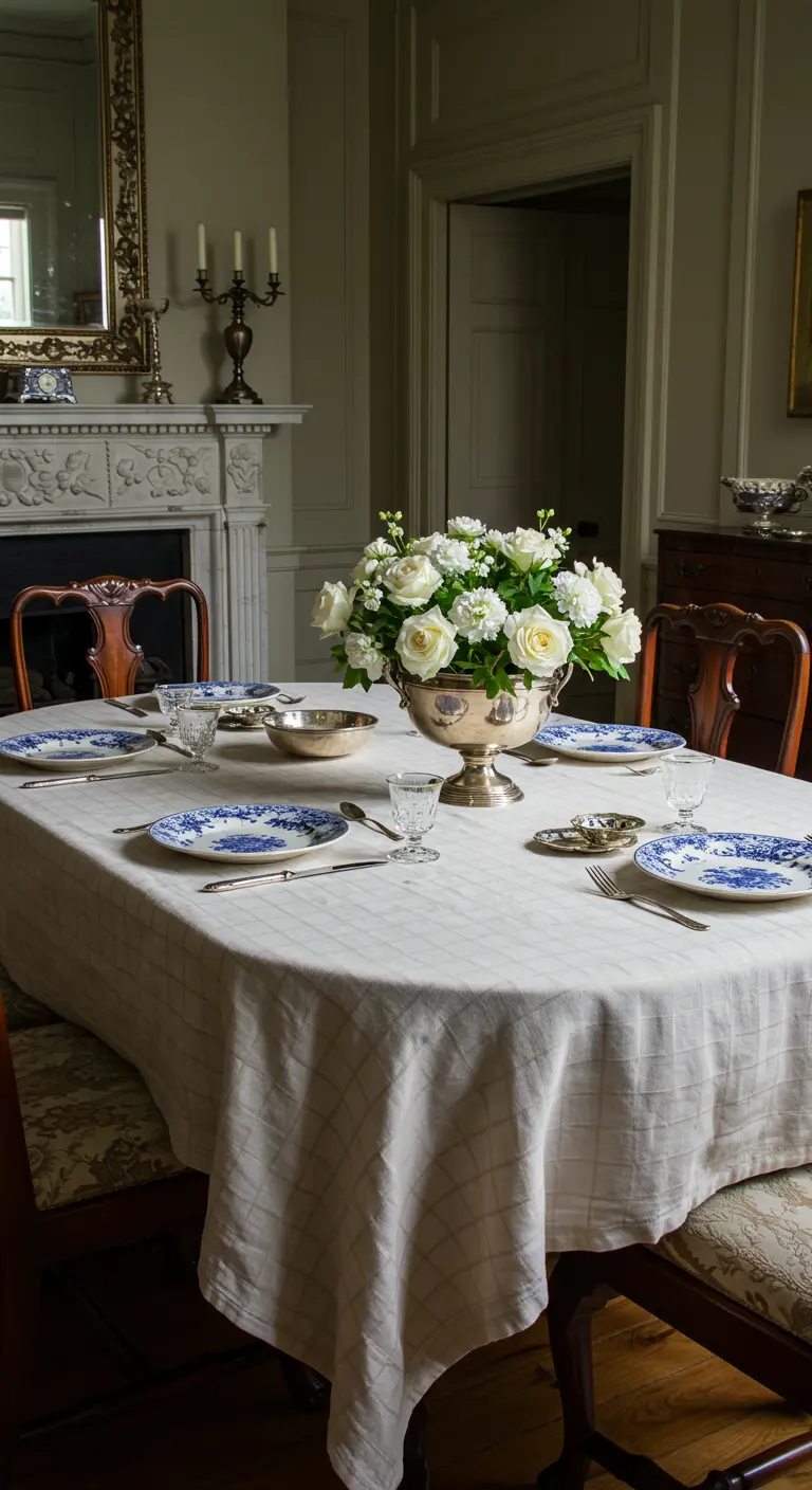 Table de dîner formelle avec nappe blanche à carreaux et vaisselle bleue et blanche.