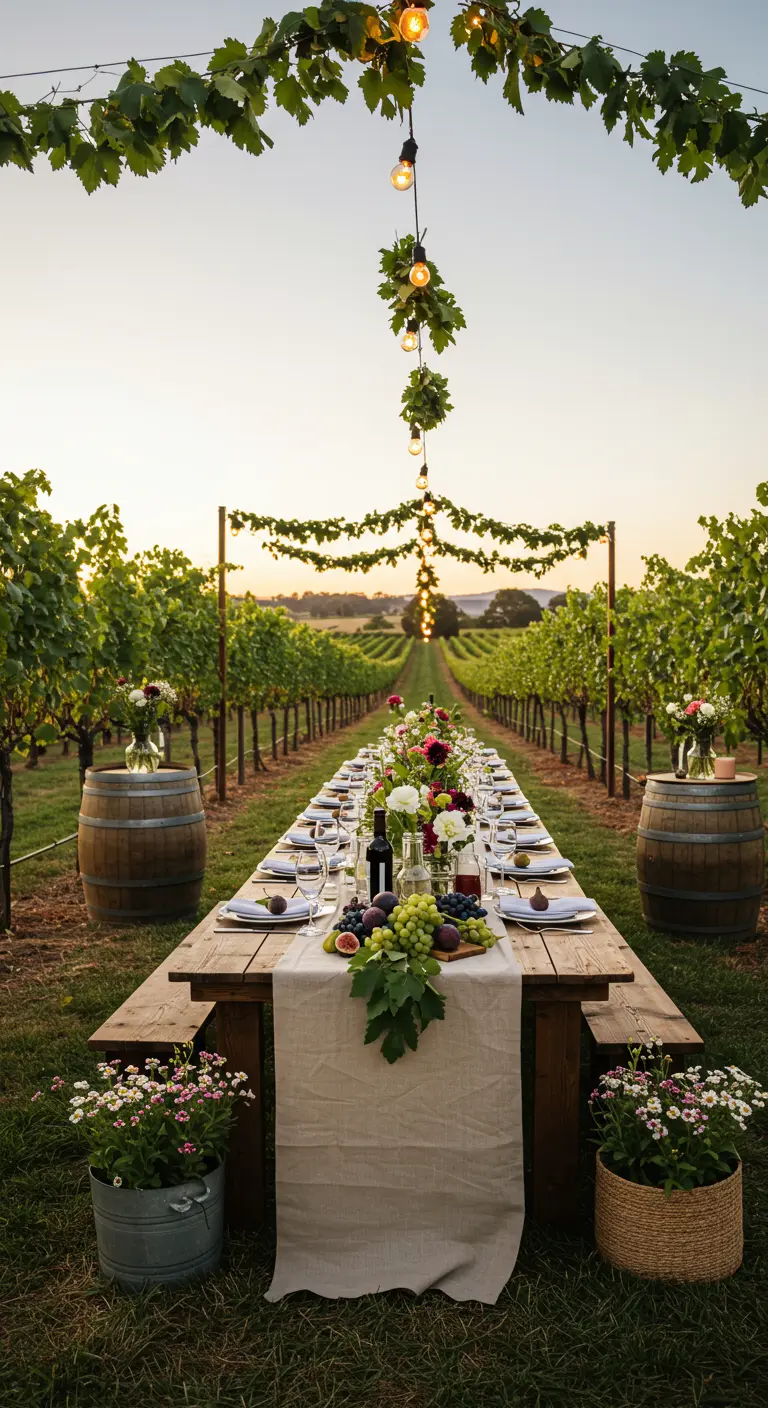 Longue table de dîner dressée dans un vignoble au coucher du soleil.