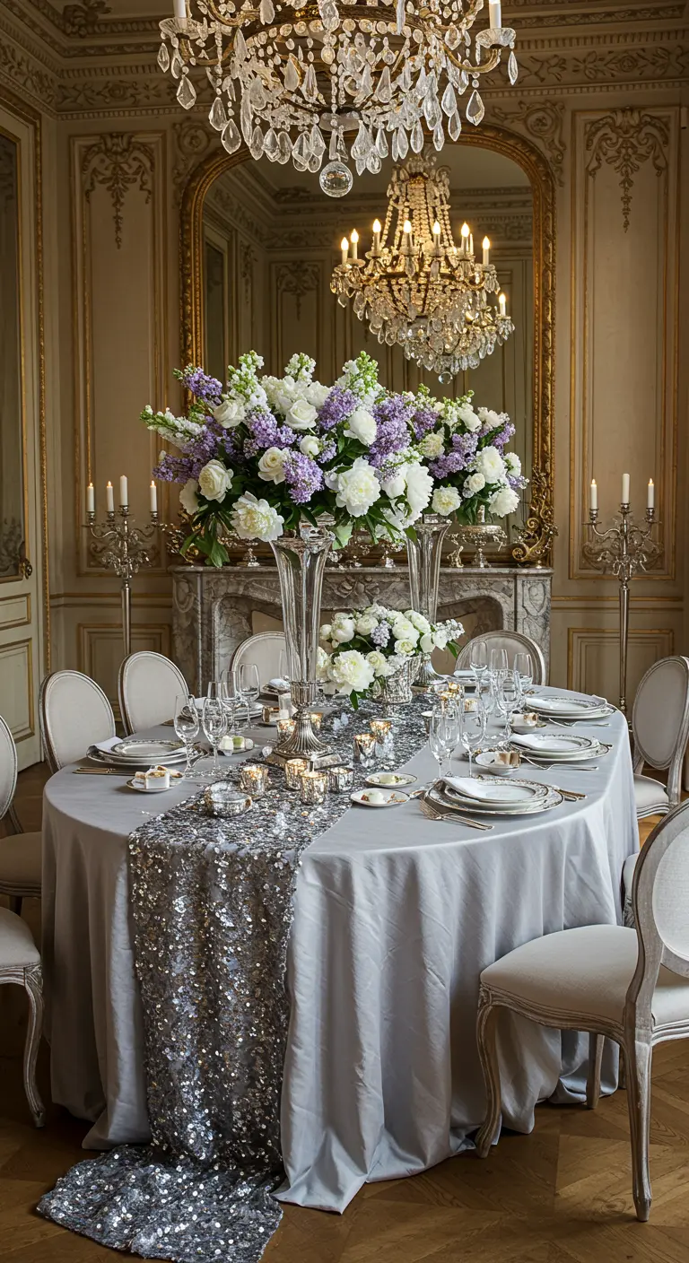 Table de réception ovale avec chemin de table argenté tombant au sol et grands bouquets.